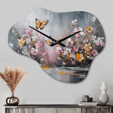 Flowers With White Butterflies II - Asymmetric Metal Wall Clock